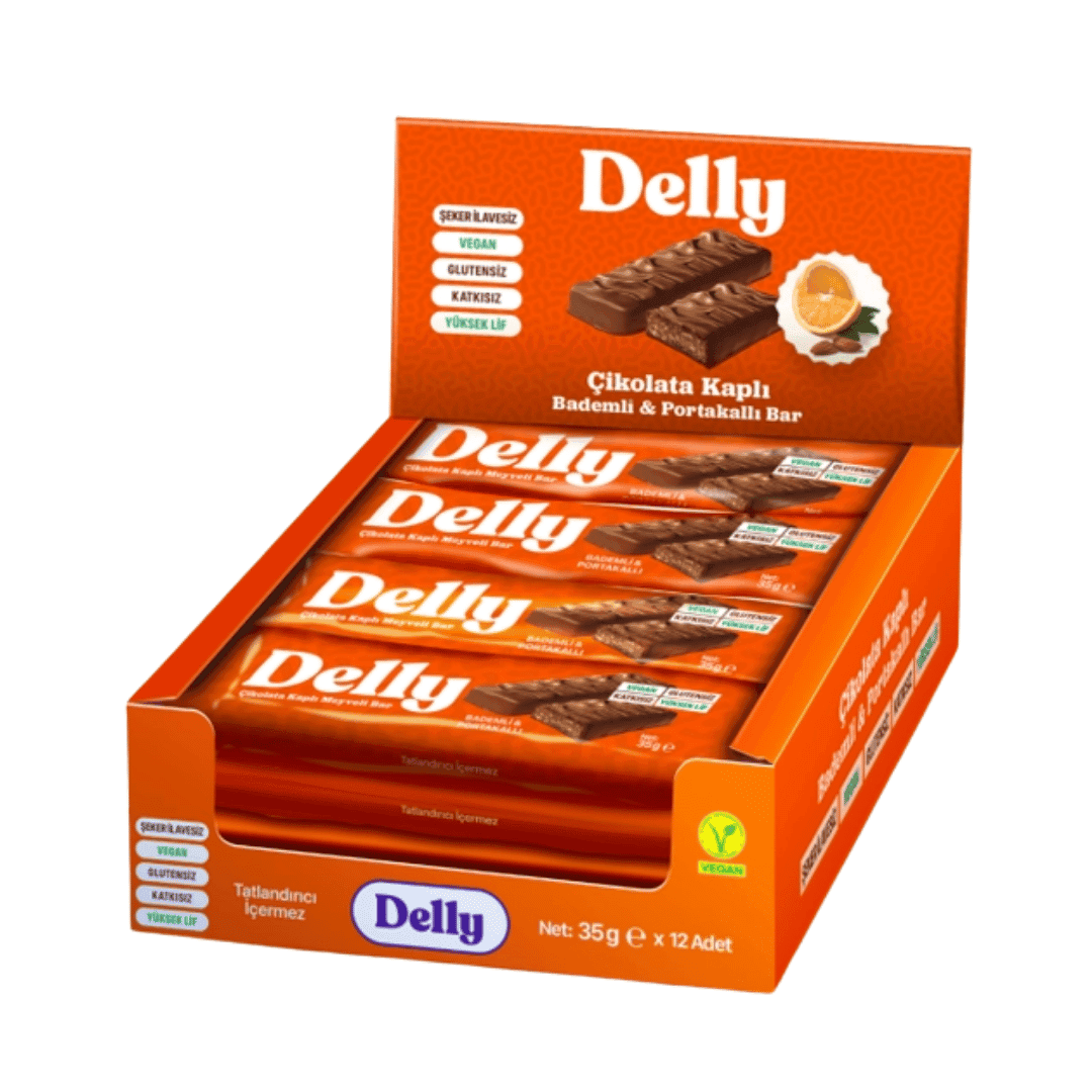 DELLY Çikolata Kaplı Bademli & Portakallı Bar 35g x 12 Adet