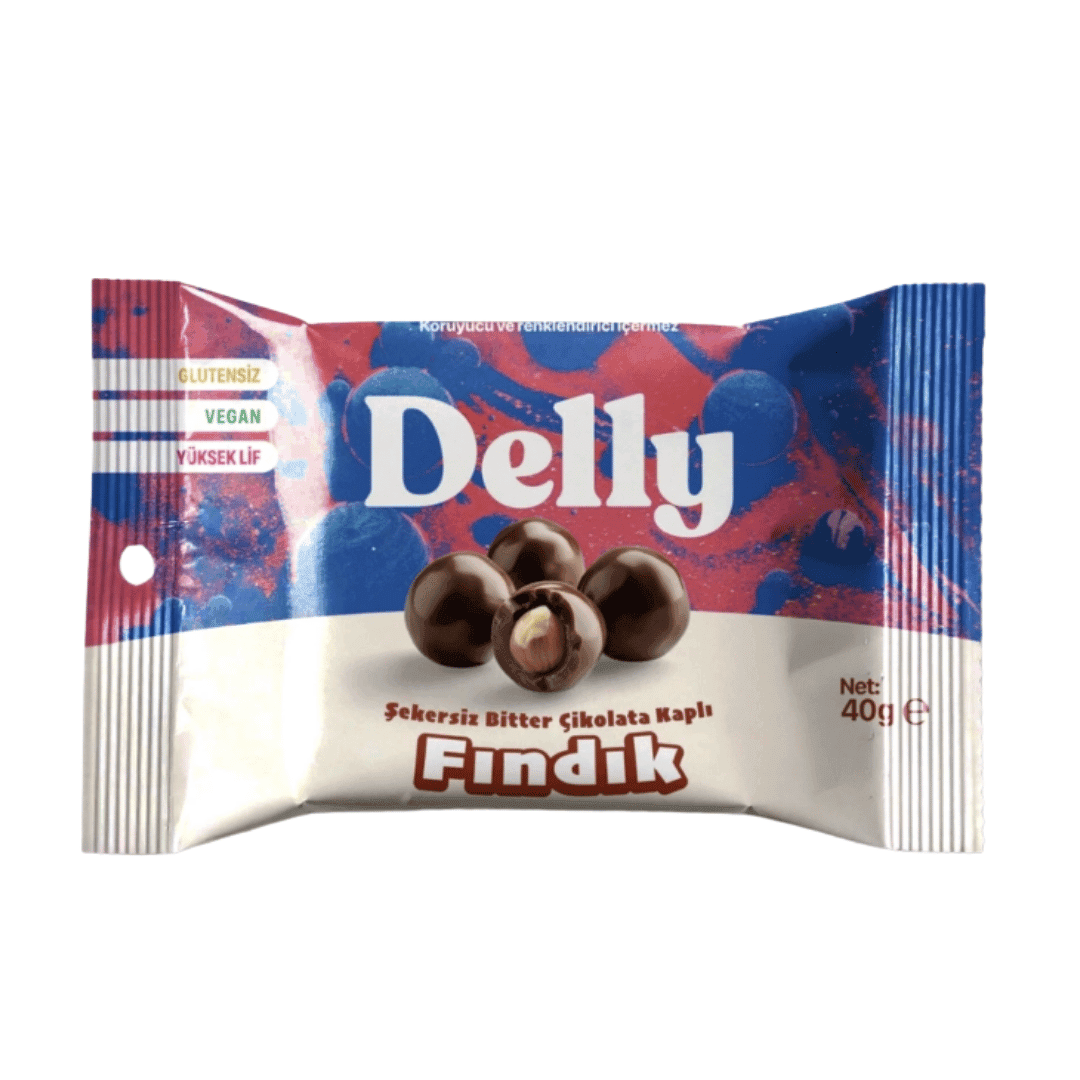 DELLY Şekersiz Bitter Çikolata Kaplı Fındık 40g x 12 Adet