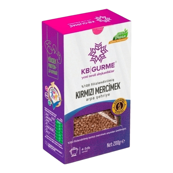 KB Gurme Glutensiz Vegan Filizlendirilmiş Kırmızı Mercimek Arpa Şehriye 200 gr